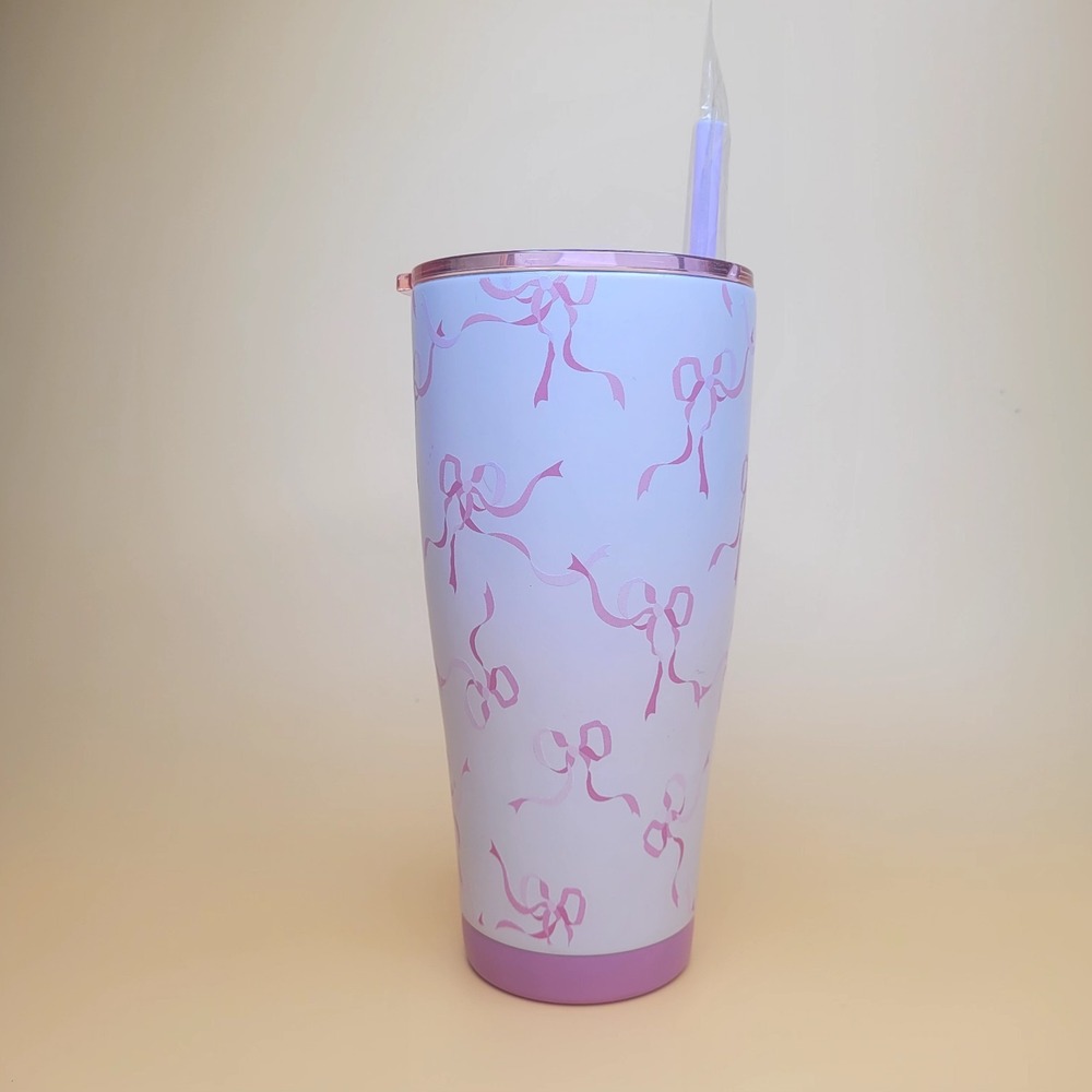 NEW‎ Laura Ashley Pink Bow Coquette 24 oz Tumbler FLAWS
